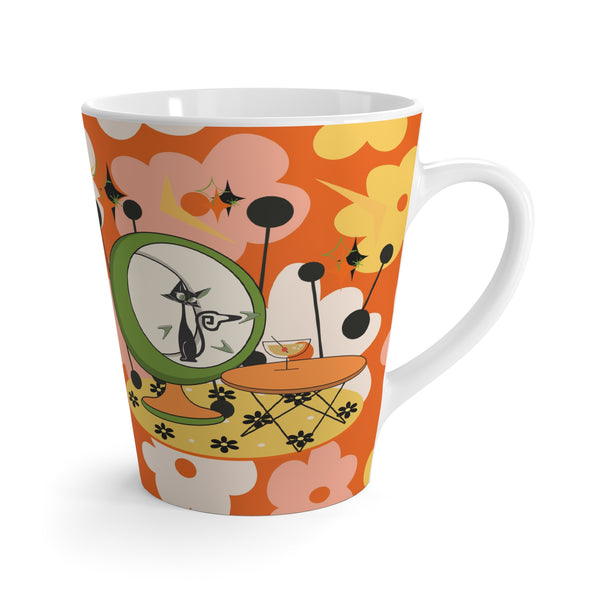 70s Retro Floral Latte Mug with Playful Atomic Cat Design - Perfect for Coffee Lovers