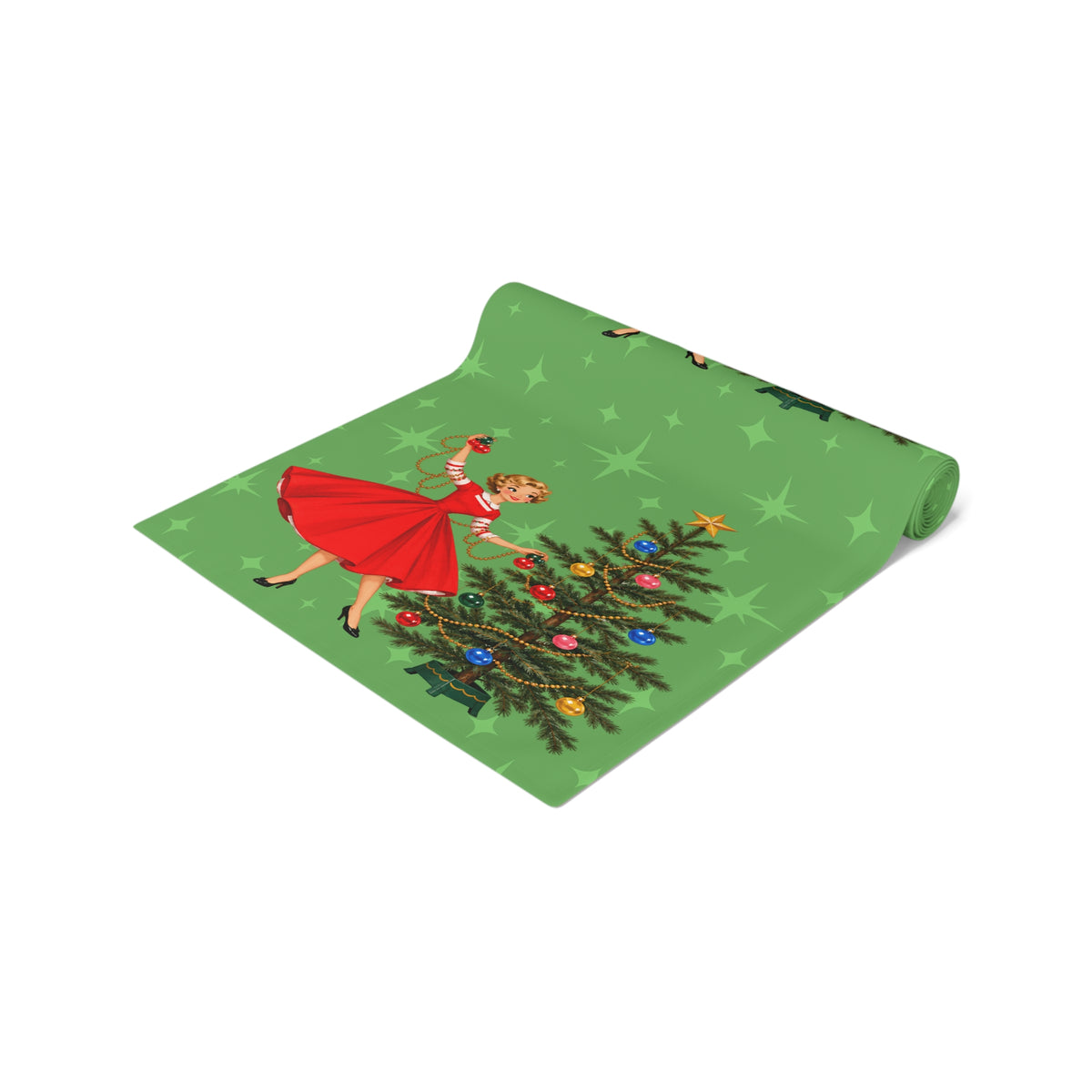 Mid Century Modern Gal Decorating Christmas Tree, Green Atomic Starbursts Table Runner