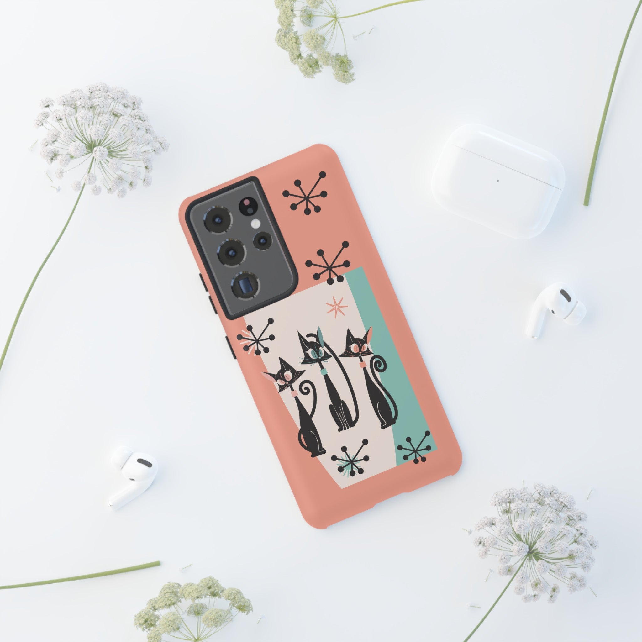 Atomic Cat Mid Mod Coral Aqua Blue Starburst Kitschy Fun Chic Samsung, Smart Phones Tough Cases - Mid Century Modern Gal
