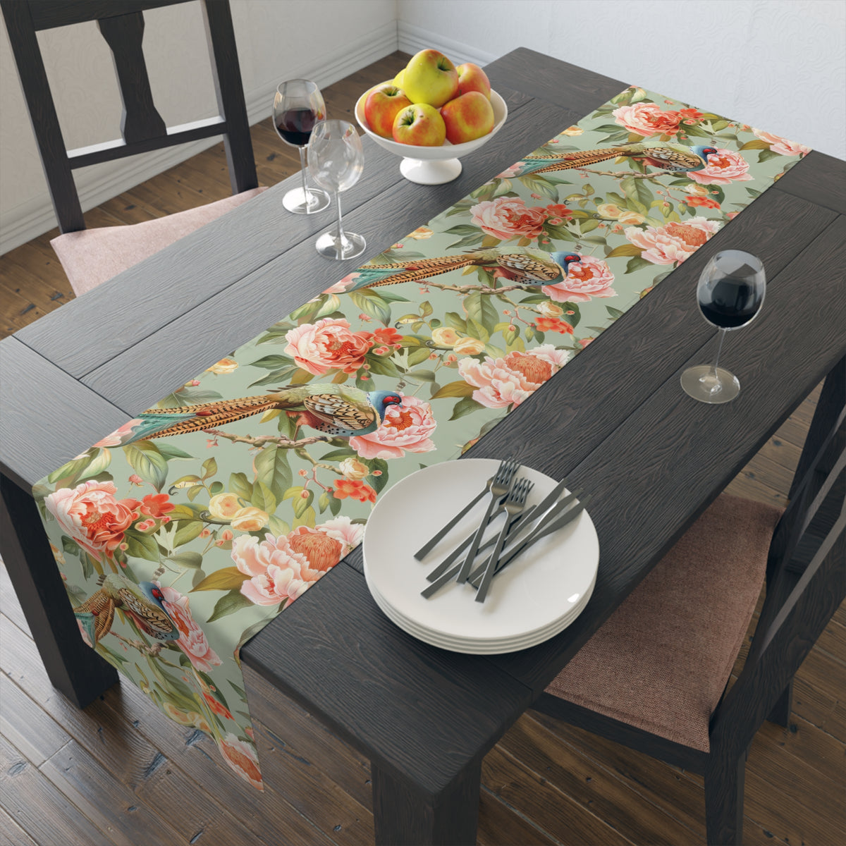 Chinoiserie Pheasant Floral Bird Table Runner - Elegant Table Linens - Mid Century Modern Gal