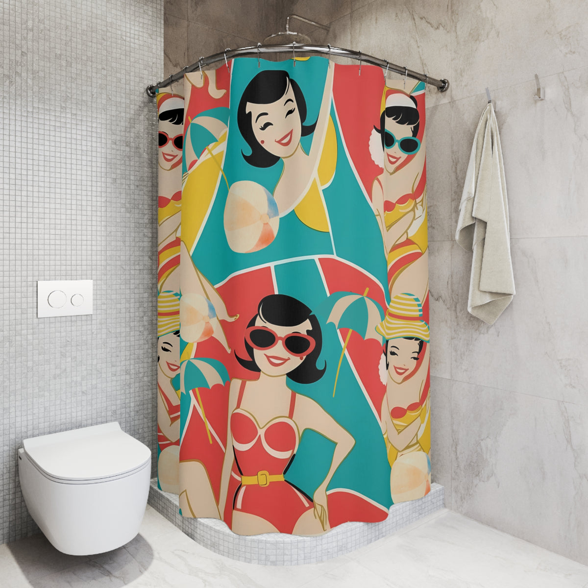 Mid Mod Beach Babes Vintage Summer Vibes Shower Curtain - Retro Beach Scene Decor - Mid Century Modern Gal