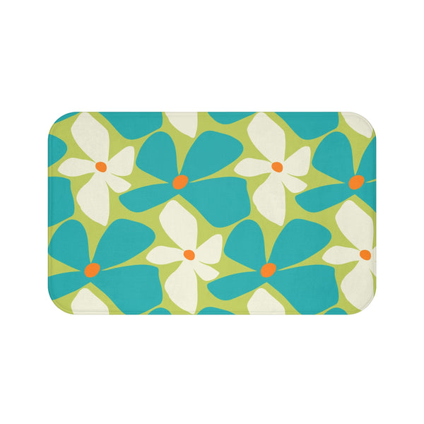 Retro Mod Flower Power Green Teal Happy Floral Bath Mat