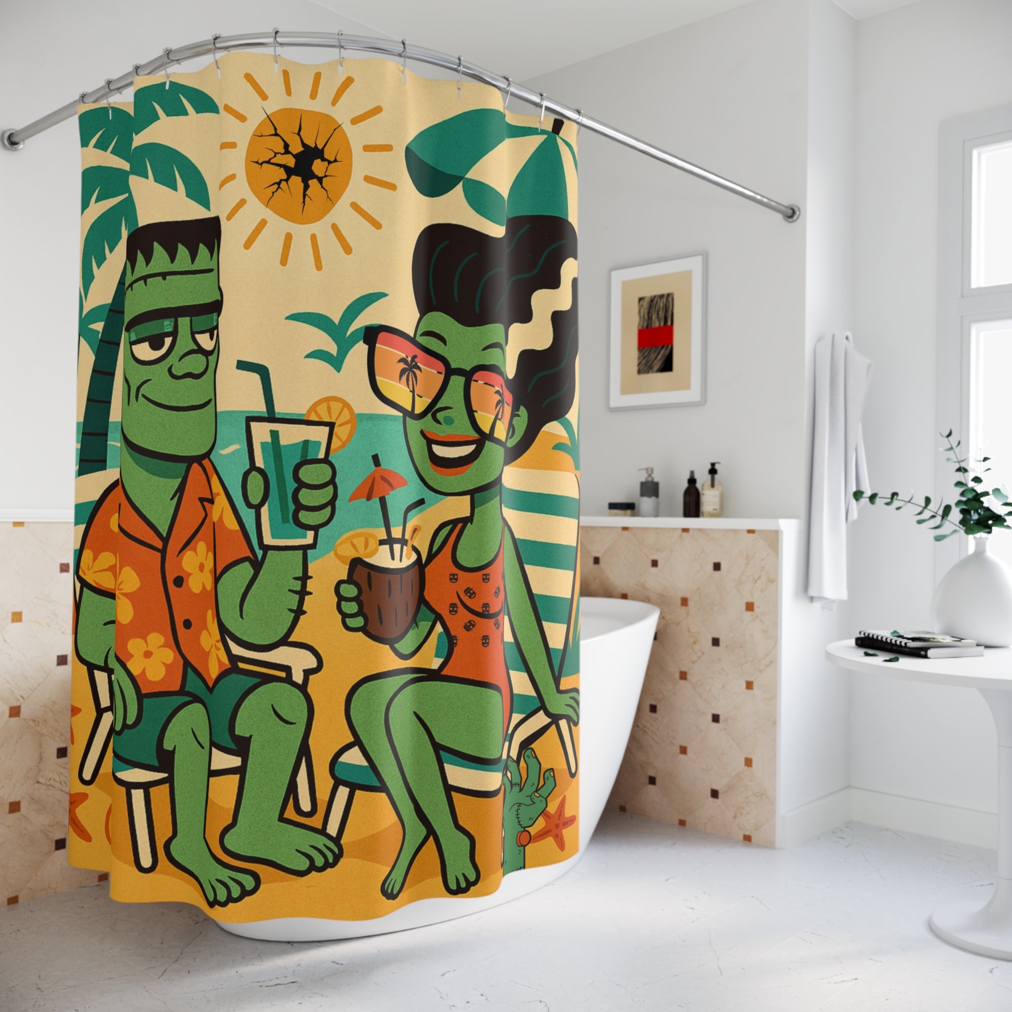 Retro Frankenstein And Bride, Kitschy Mod Monster Shower Curtain - Fun Tropical Design with Vintage Vibe - Mid Century Modern Gal