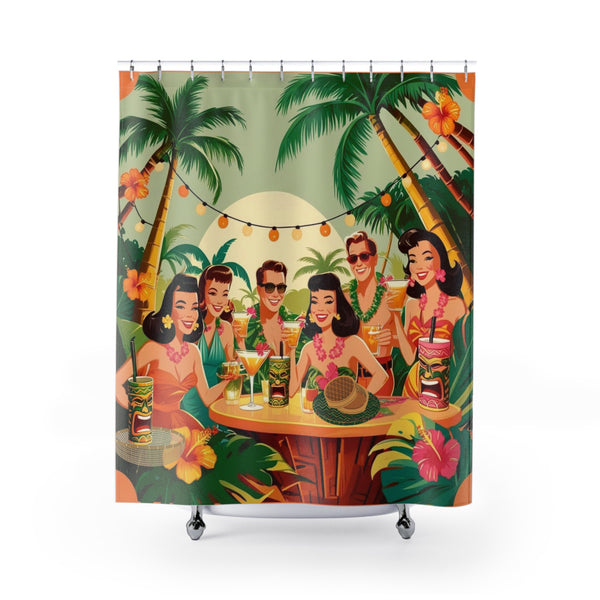 Mid Century Modern Tiki Party, Tropical Retro Shower Curtain - Vintage Beach Party Design