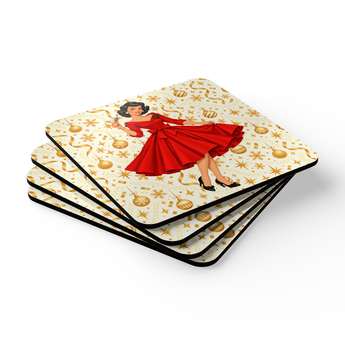 Mid Century Modern Christmas Martini Gal Corkwood Coaster Set