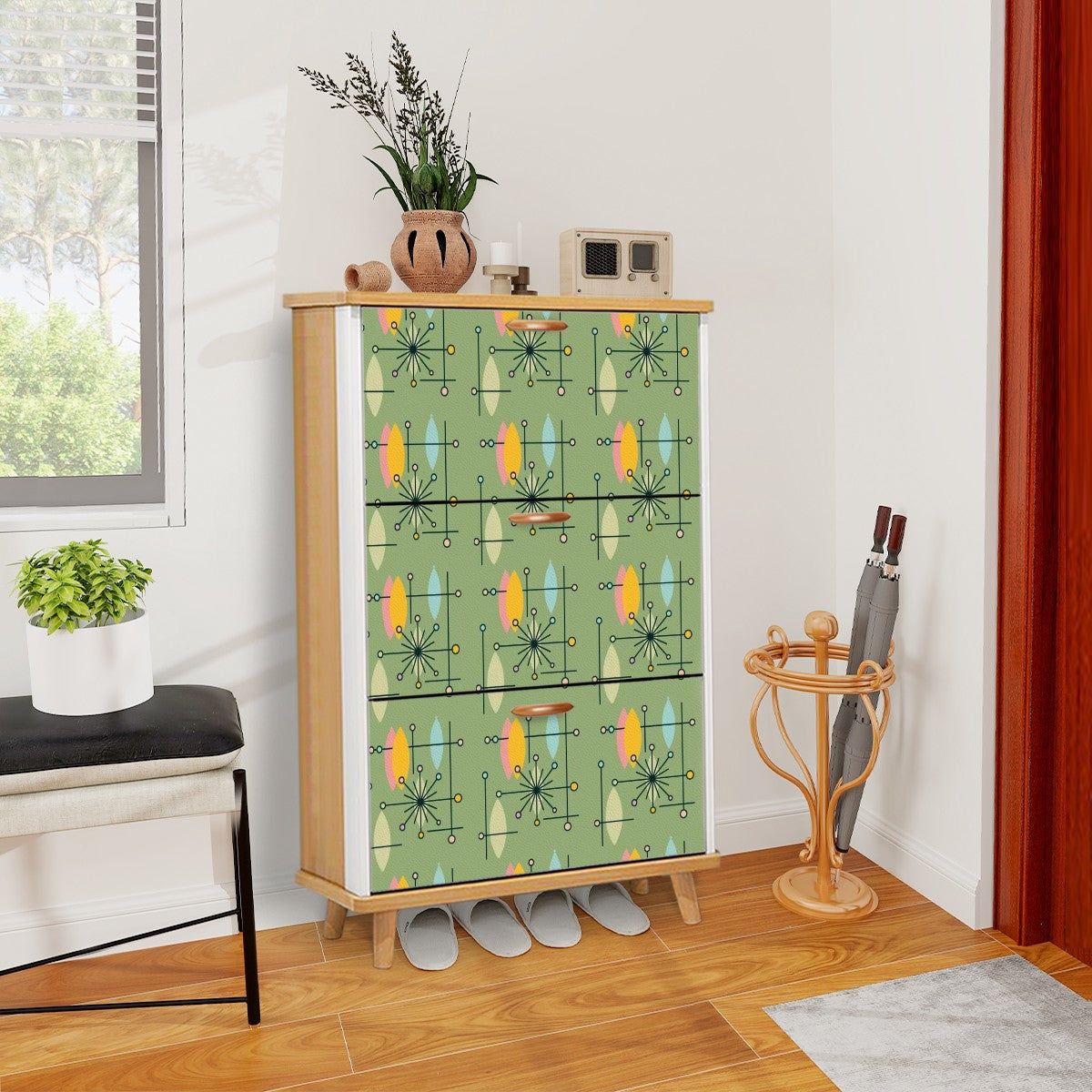 Mid Century Modern Green Yellow Atomic 50s Shoe Cabinet Storage Drawers - Mid Century Modern Gal