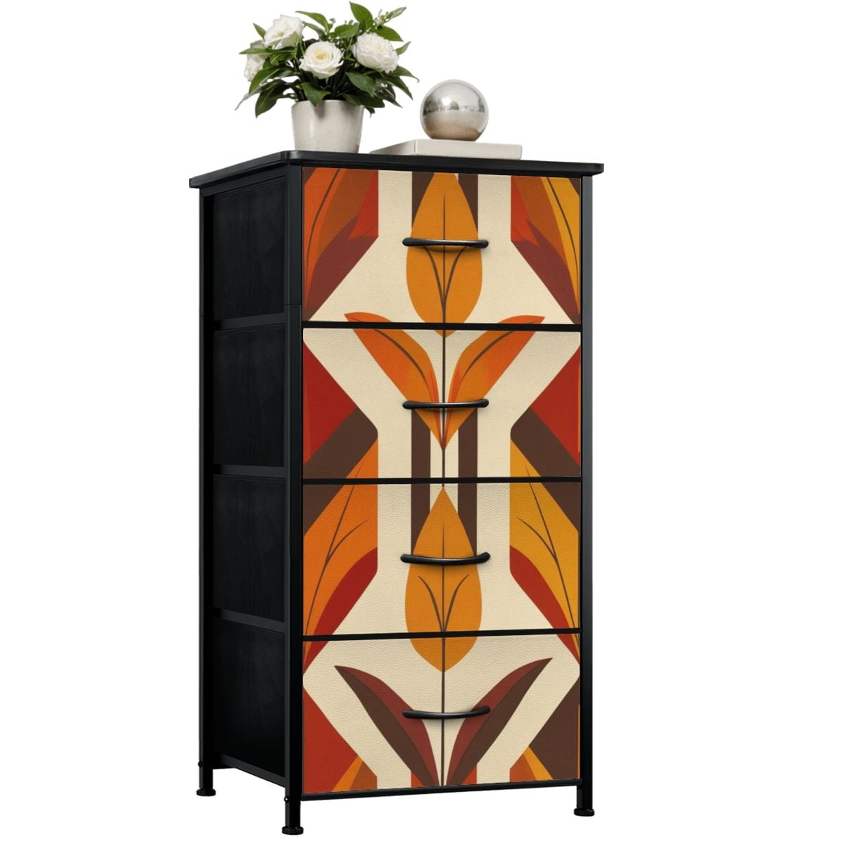 Floral Mod Scandinavian Harvest Gold, Orange Mid Century Modern 4-Drawer Dresser - Mid Century Modern Gal