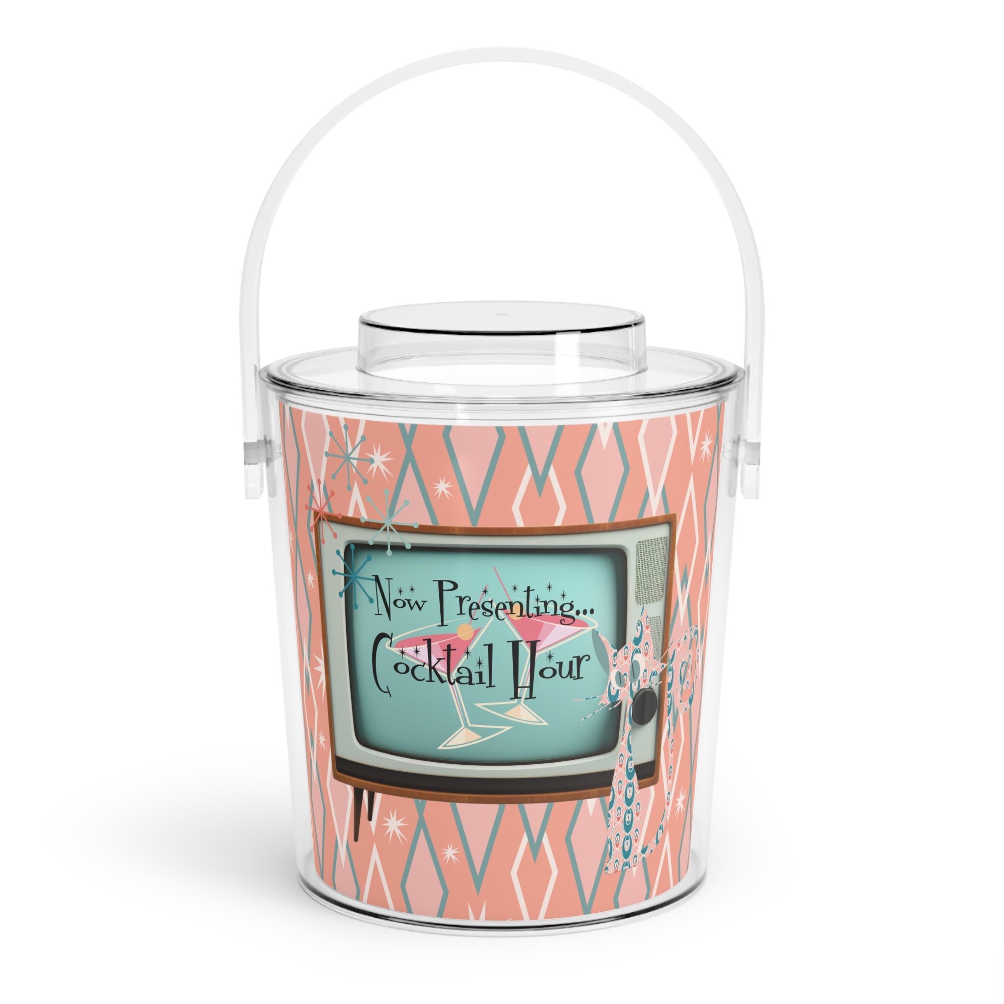 Mid Century Modern Barware, Atomic Cat, Now Presenting Cocktail Hour, Kitschy 50s Designed, Retro Ice Bucket with Tongs - Mid Century Modern Gal
