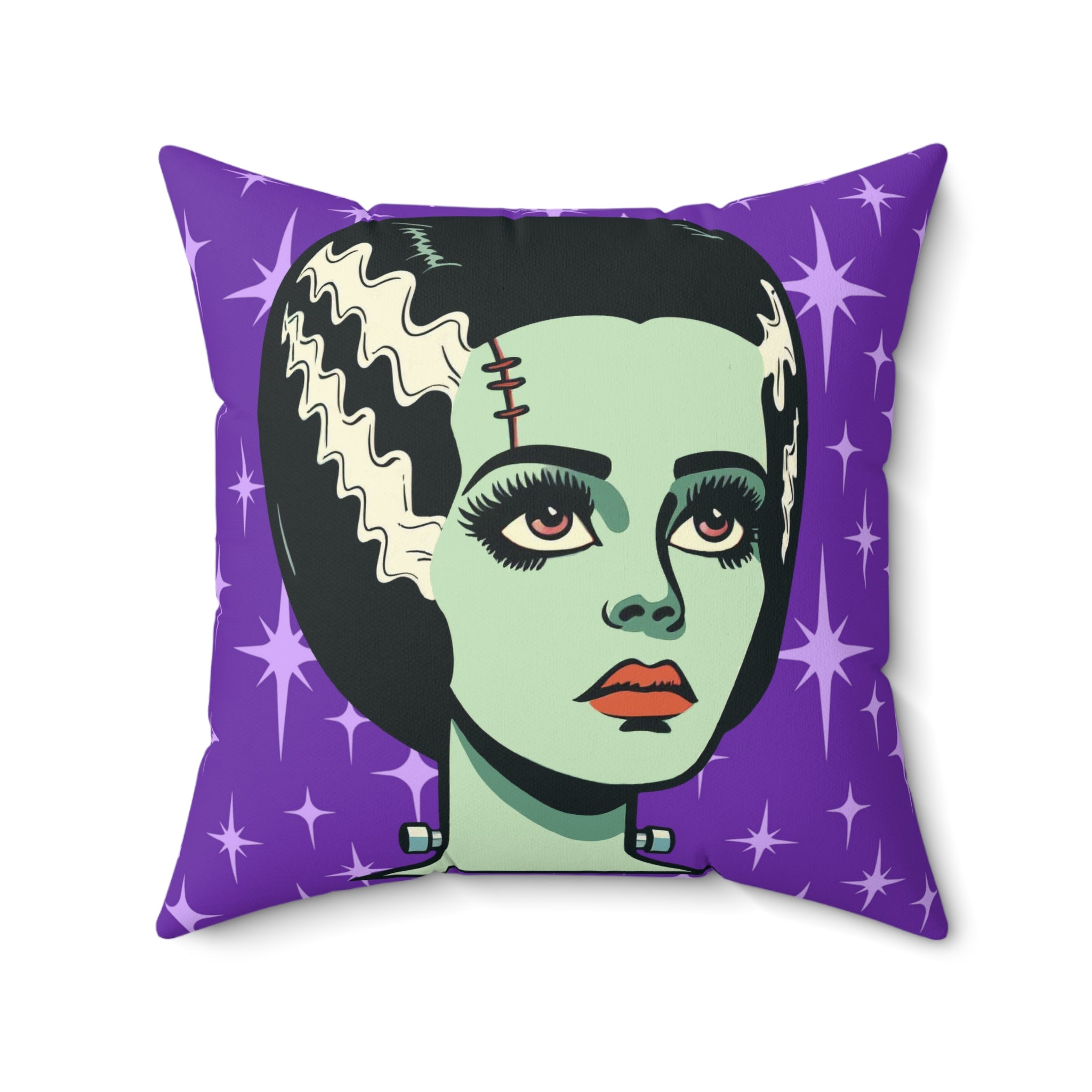 Bride of Frankenstein Retro Mid Mod Horror Buff Purple Halloween Pillow Cover and Insert - Mid Century Modern Gal