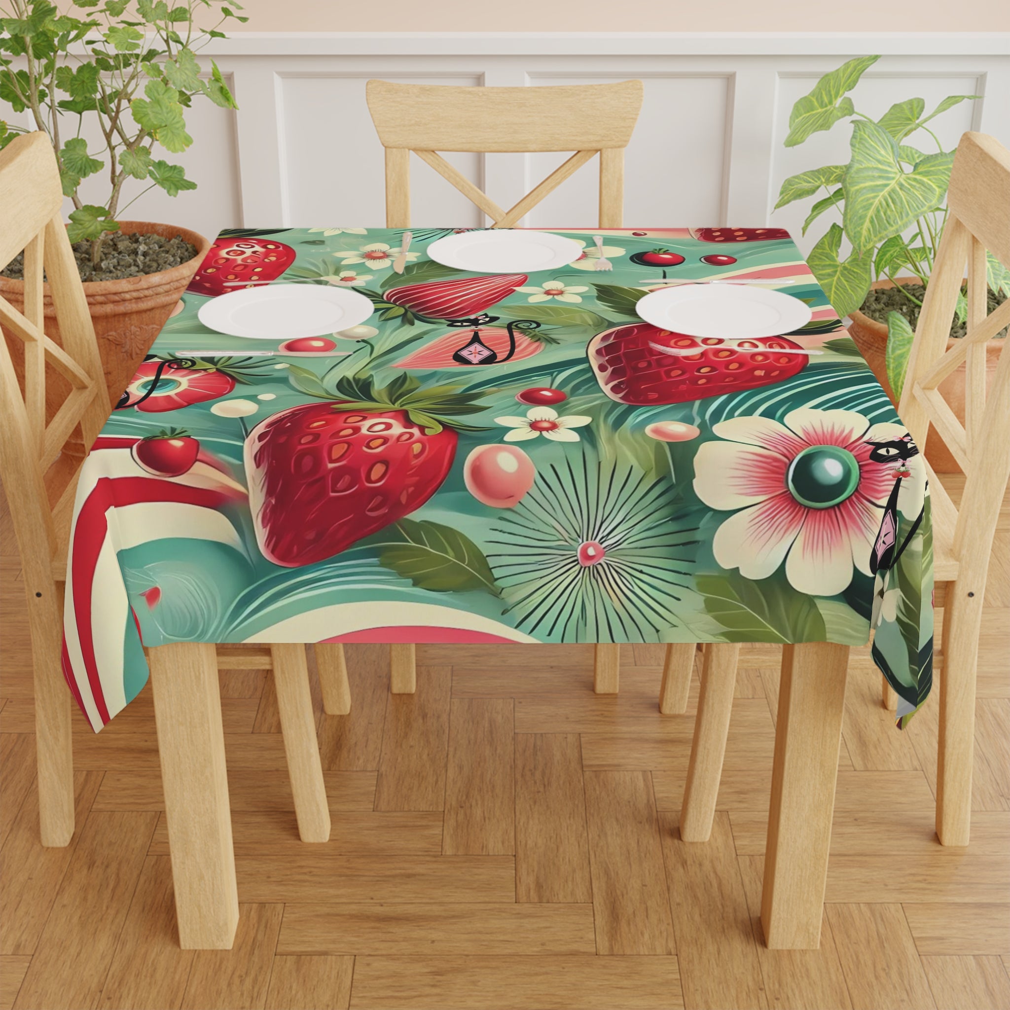 Atomic Cat, Vintage Cat and Strawberry Tablecloth - Perfect for Summer Gatherings & Celebrations - Mid Century Modern Gal