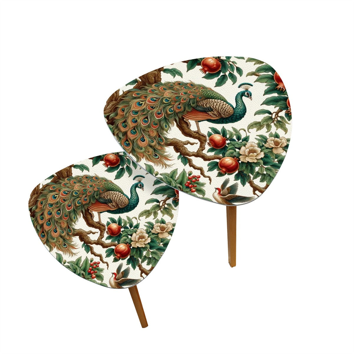 Chinoiserie Floral Peacock, Pomegranate Elegant Nesting Tables - Mid Century Modern Gal
