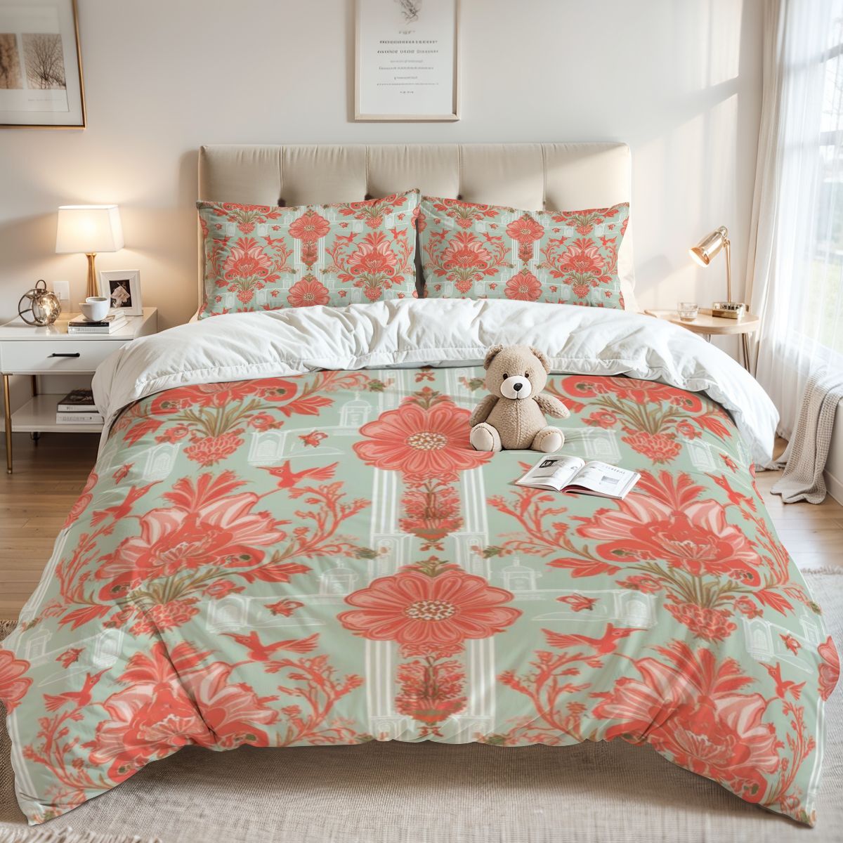 Floral Chinoiserie Elegant Modern Coral, Light Green Queen Duvet Cover Set - Mid Century Modern Gal