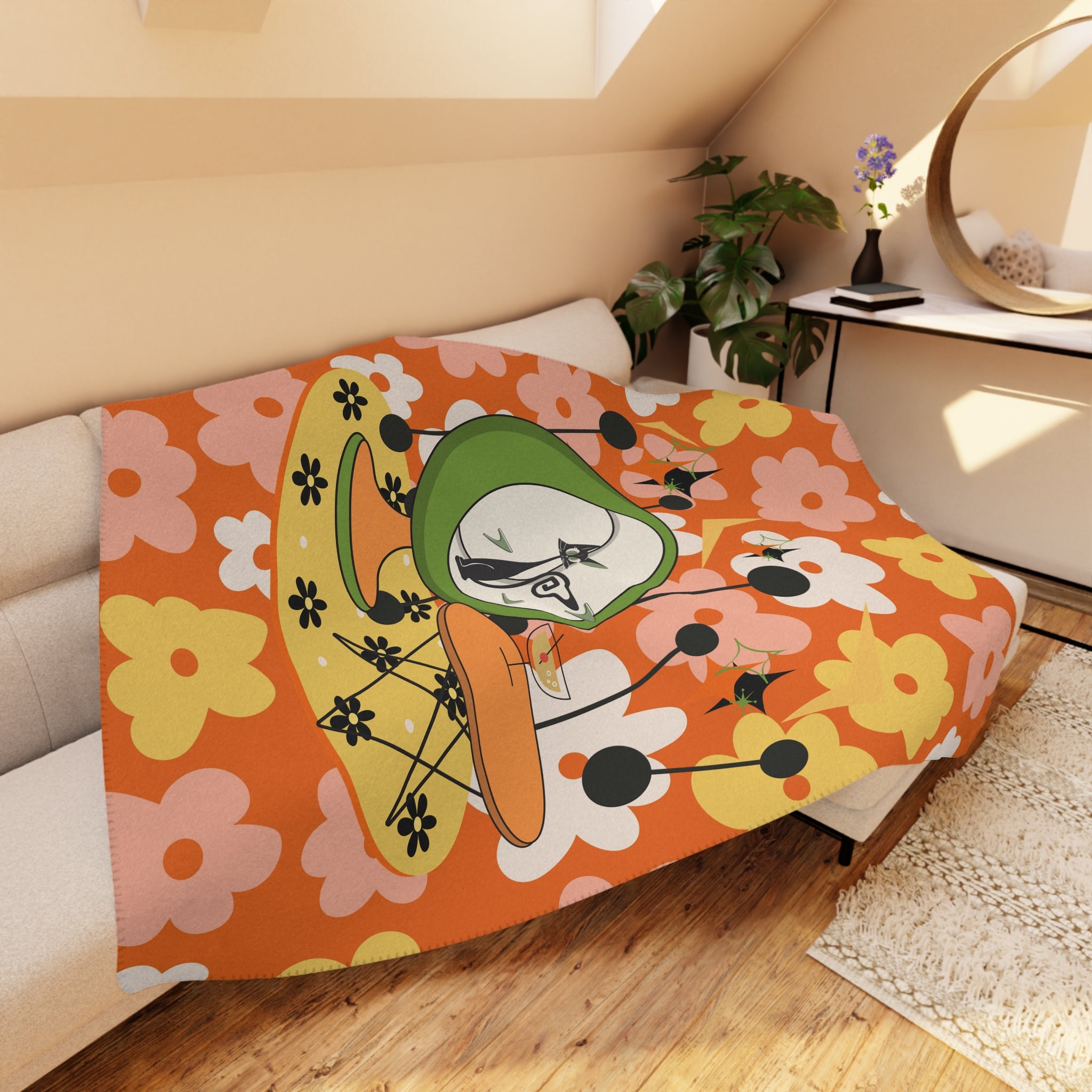 Atomic Cat Retro Orange Flower Power Mid Century Modern Kitschy Mod Cozy Blanket - Mid Century Modern Gal