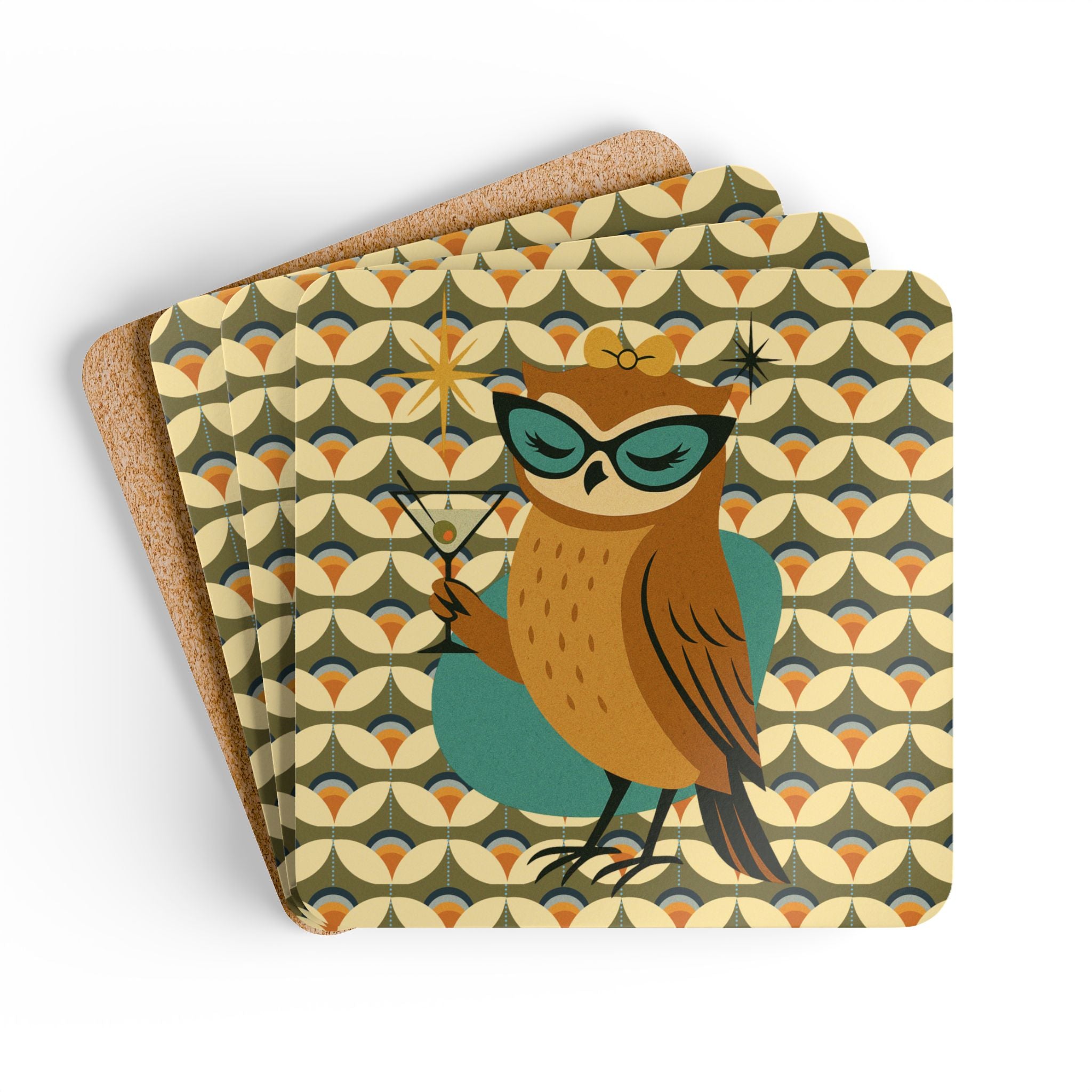 Retro Owl Cocktail Hour, Mid Century Modern Scandinavian Designed MCM Barware Corkwood Coaster Set - Mid Century Modern Gal