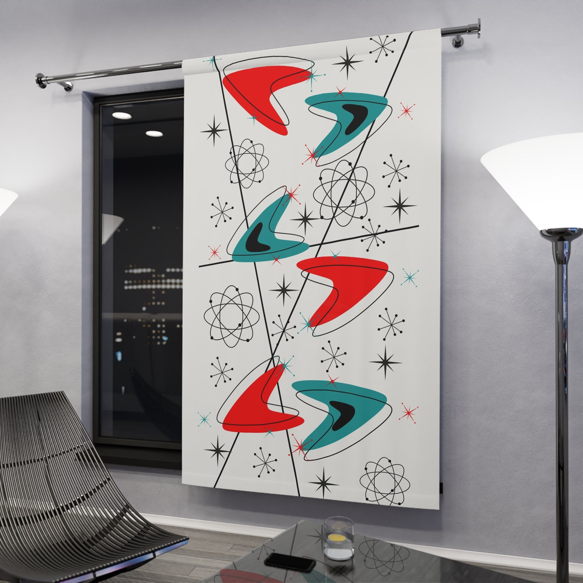 Mid Century Modern Atomic Boomerangs Red, Teal Starburst Retro Futurist Window Curtains (1 Piece) - Mid Century Modern Gal