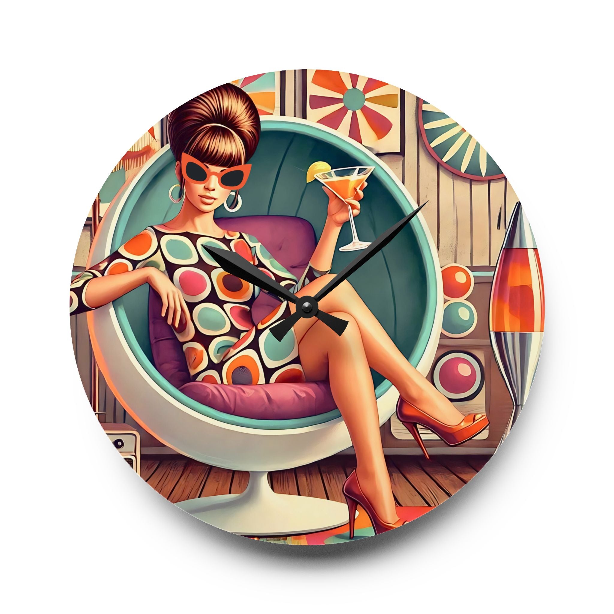 60s Mod Gal, Mid Century Modern Kitschy Acrylic Wall Clock - Mid Century Modern Gal
