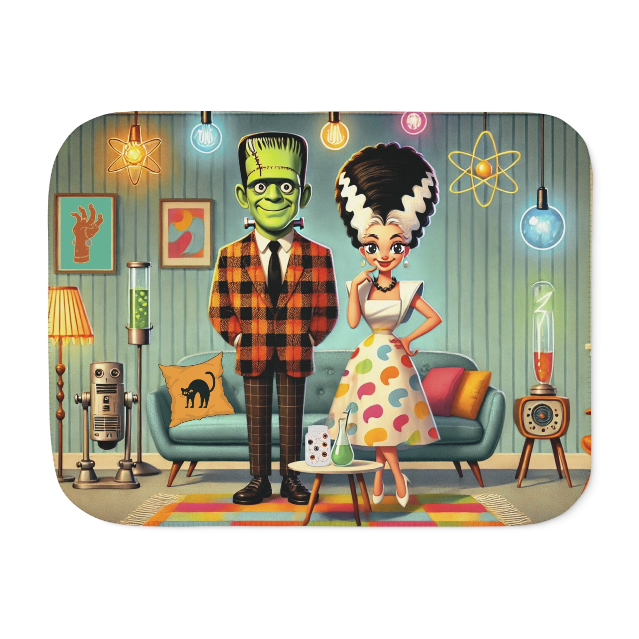 Frankenstein And Bride Retro Monster Sherpa Blanket - Cozy Design for Home Decor - Mid Century Modern Gal