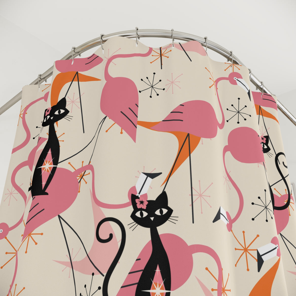 Atomic Cat, Whimsical Flamingos, Kitschy Mid Century Modern Shower Curtain - Stylish Bathroom Decor - Mid Century Modern Gal