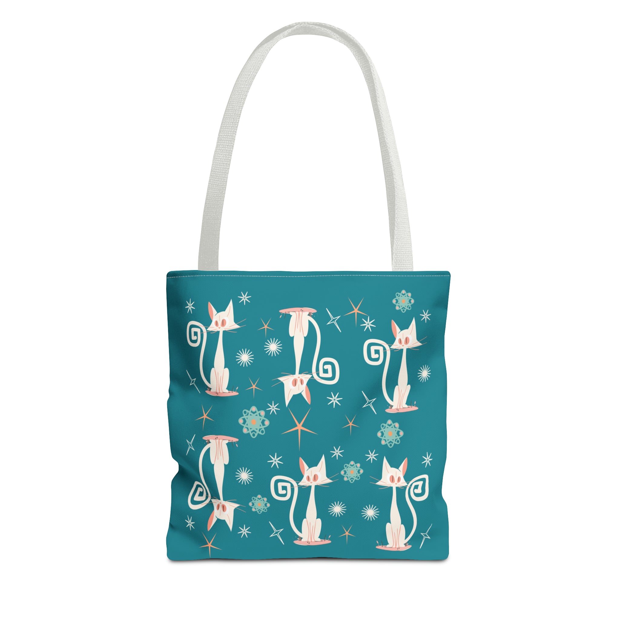 Atomic Kitties, White Kitschy Cats, Coral, Teal, Atomic Age Mid Century Modern Tote Bag - Mid Century Modern Gal