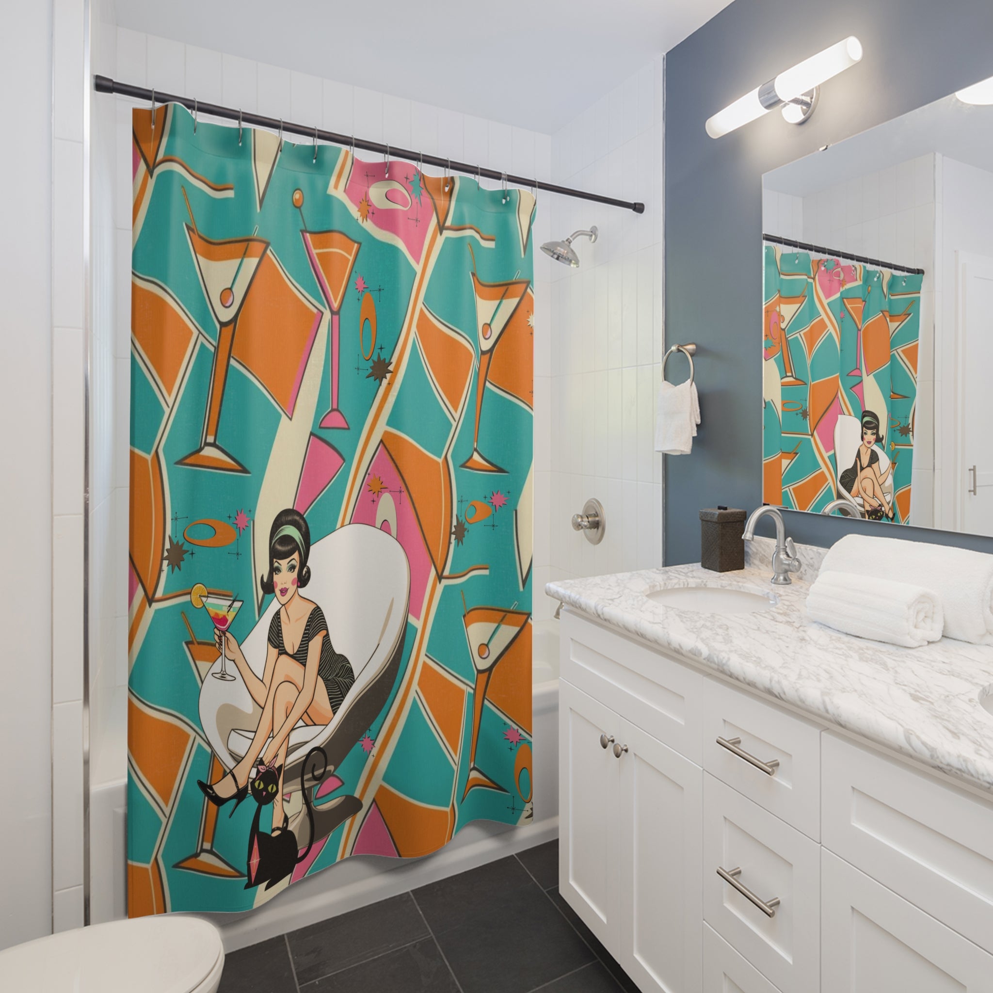 Mid Mod Gal Retro Martini Shower Curtain - Vintage Cocktail Vibes for Fun Bathrooms - Mid Century Modern Gal