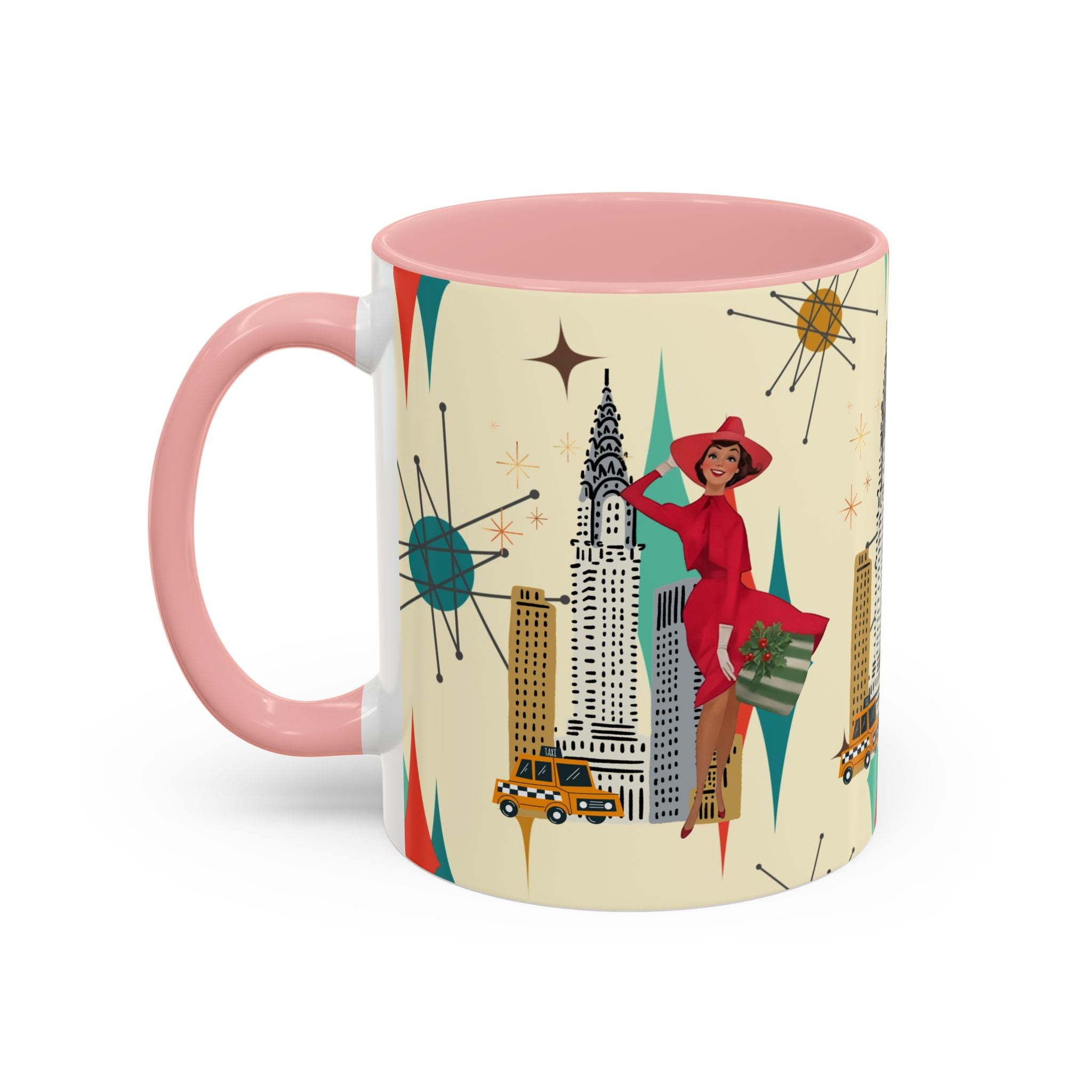 Mid Century Modern Kitschy Christmas Gal, Franciscan Starburst Diamond Retro Chic Accent Coffee Mug - Vintage Cityscape Design - Mid Century Modern Gal