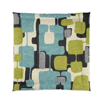 Atomic Living Bedding, Mid Century Modern, Gray, Lemon Lime Green, Aqua Blue, Geometric Retro King Size Comforter - Mid Century Modern Gal
