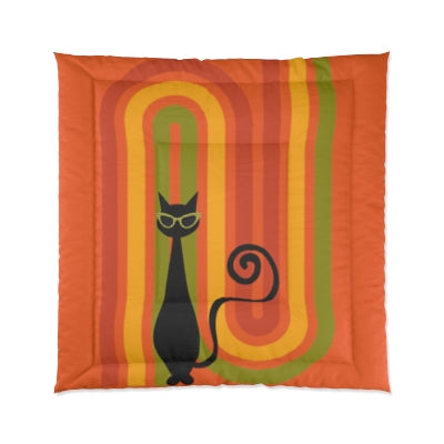 Atomic Cat Groovy Orange, Rainbow Funky 70's Home Decor King And Queen Comforter - Mid Century Modern Gal