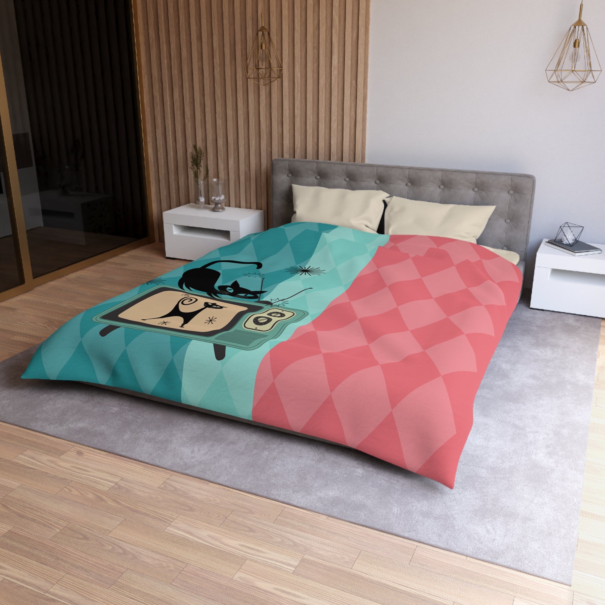 Atomic Kitties, Mid Mod Harlequin Diamond Pattern, Pink, Teal, Light Mint, Retro Mod Duvet Cover - Mid Century Modern Gal