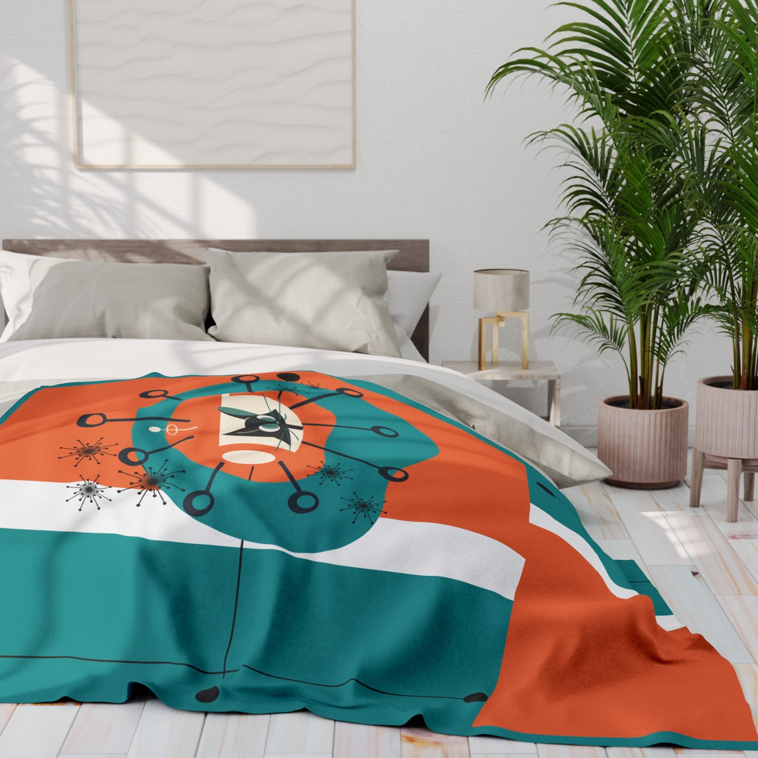 Mid Century Modern Orange Teal Atomic Space Kittie, MCM Lightweight Fleece Blanket - Mid Century Modern Gal