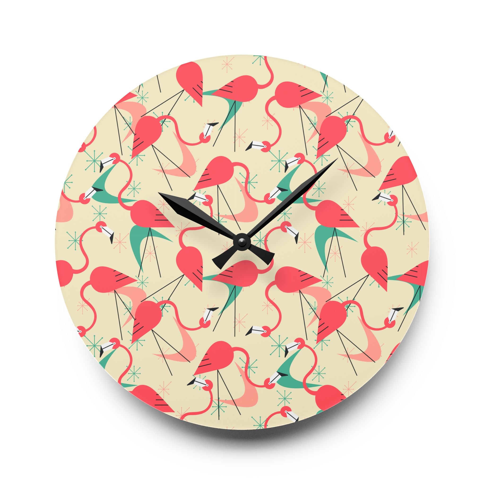 Tropical Retro Dancing Flamingos Acrylic Wall Clock - Fun and Colorful Home Decor - Mid Century Modern Gal
