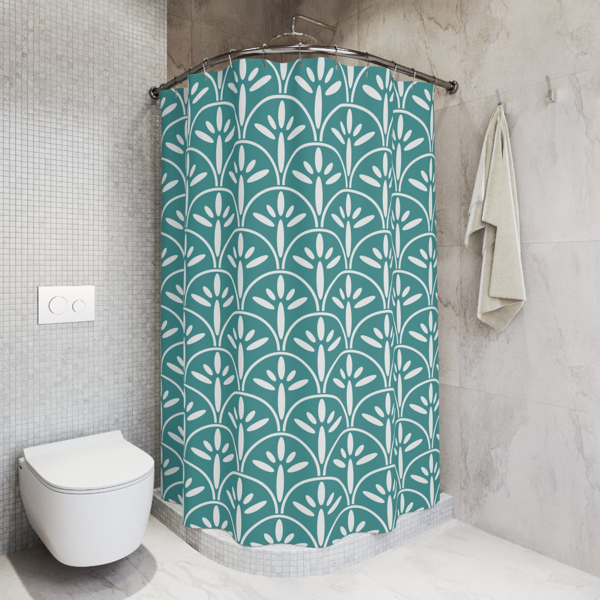 Art Deco Blue Elegant Botanical Shower Curtain – Stylish Home Decor for Relaxing Bathrooms - Mid Century Modern Gal