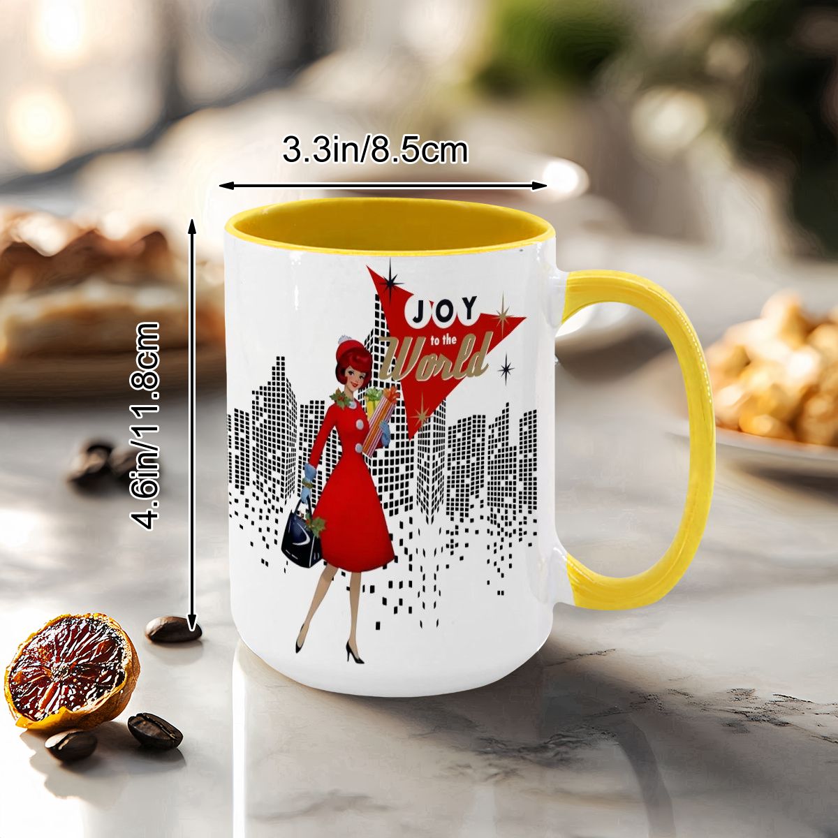 Mid Century Modern holiday mug featuring a cityscape design and a retro woman in a red dress with "Joy to the World" text.