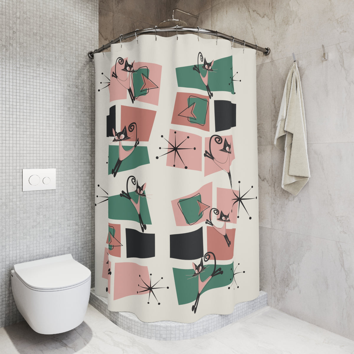 Atomic Cat Shower Curtain Starbursts, Geometric Mid Century Modern Bathroom Decor - Mid Century Modern Gal
