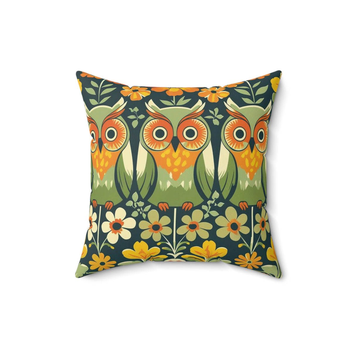 Retro Owl Flower Power Groovy 70s Floral Green, Orange Fall Pillow And Insert - Mid Century Modern Gal