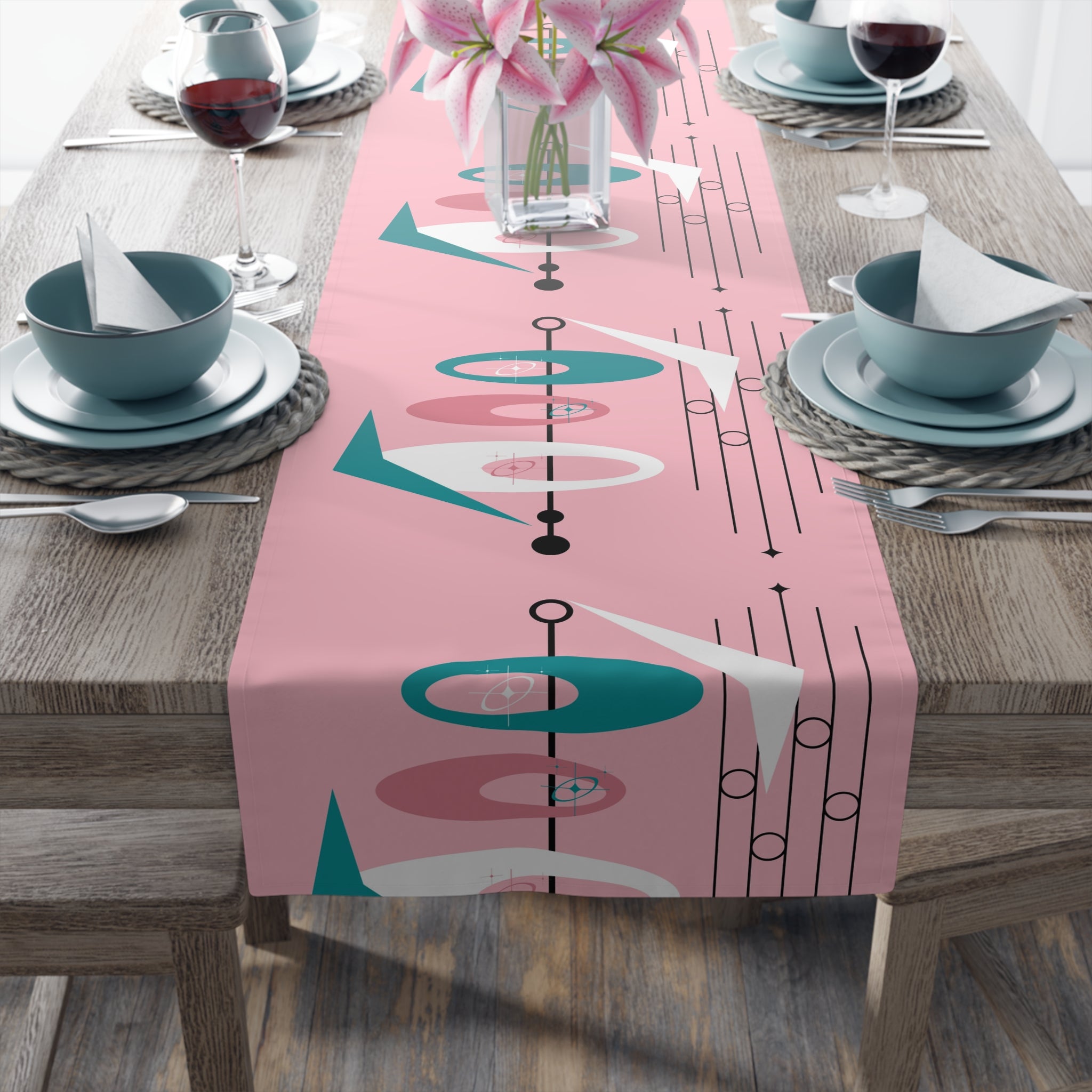 Atomic Pink, Teal Mid Century Modern Abstract Table Runner - Mid Century Modern Gal