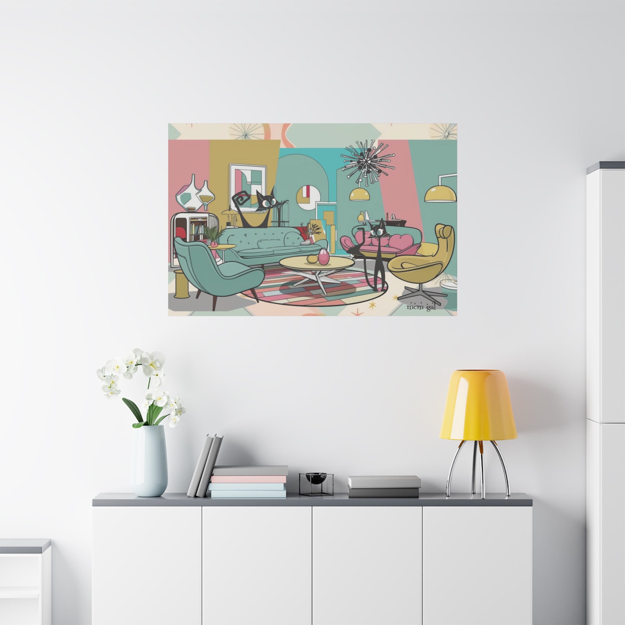 Mid-Century Modern Atomic Cat Kitschy Mod Living Room, Aqua, Pink, Starburst Original Art By MCM GAL - Mid Century Modern Gal