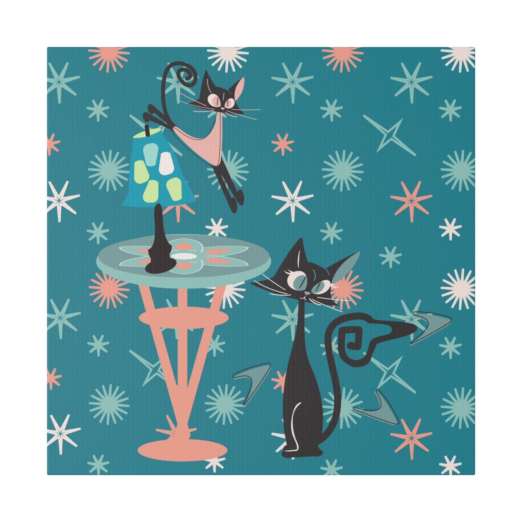 Crazy Atomic Cats, Cat Mom, Kitschy Mid Century Modern Teal Blue, Coral Pink, Mid Century Modern Wall Art - Mid Century Modern Gal