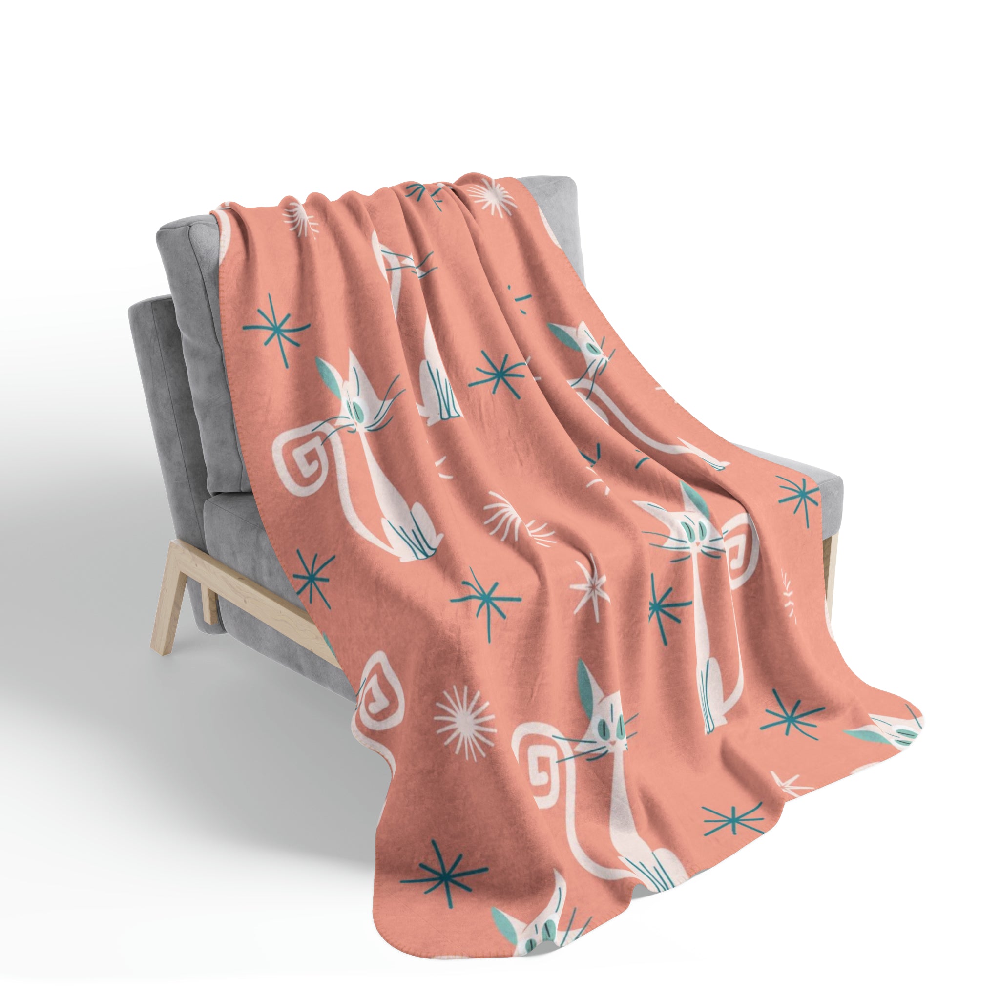 Cozy Cat, Atomic Cats, Coral, Teal Starburst Mid Century Modern Fleece Sherpa Blanket - Mid Century Modern Gal