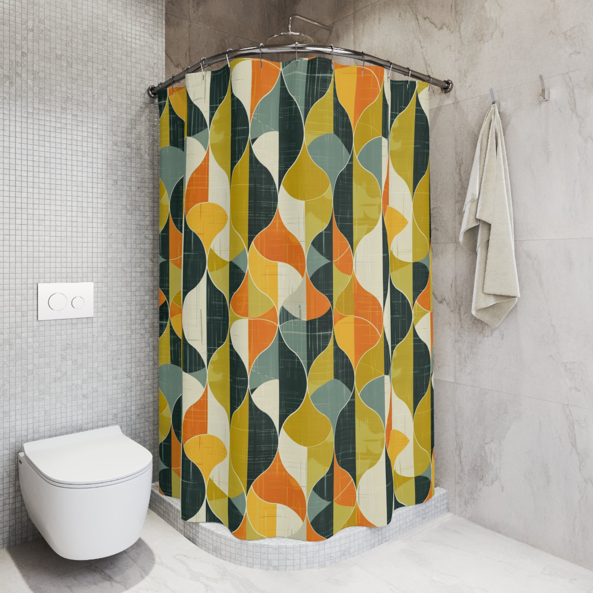Mid Mod Scandinavian Leaves, Orange, Green, Blue, Mustard Yellow Cheery Retro Shower Curtain - Mid Century Modern Gal