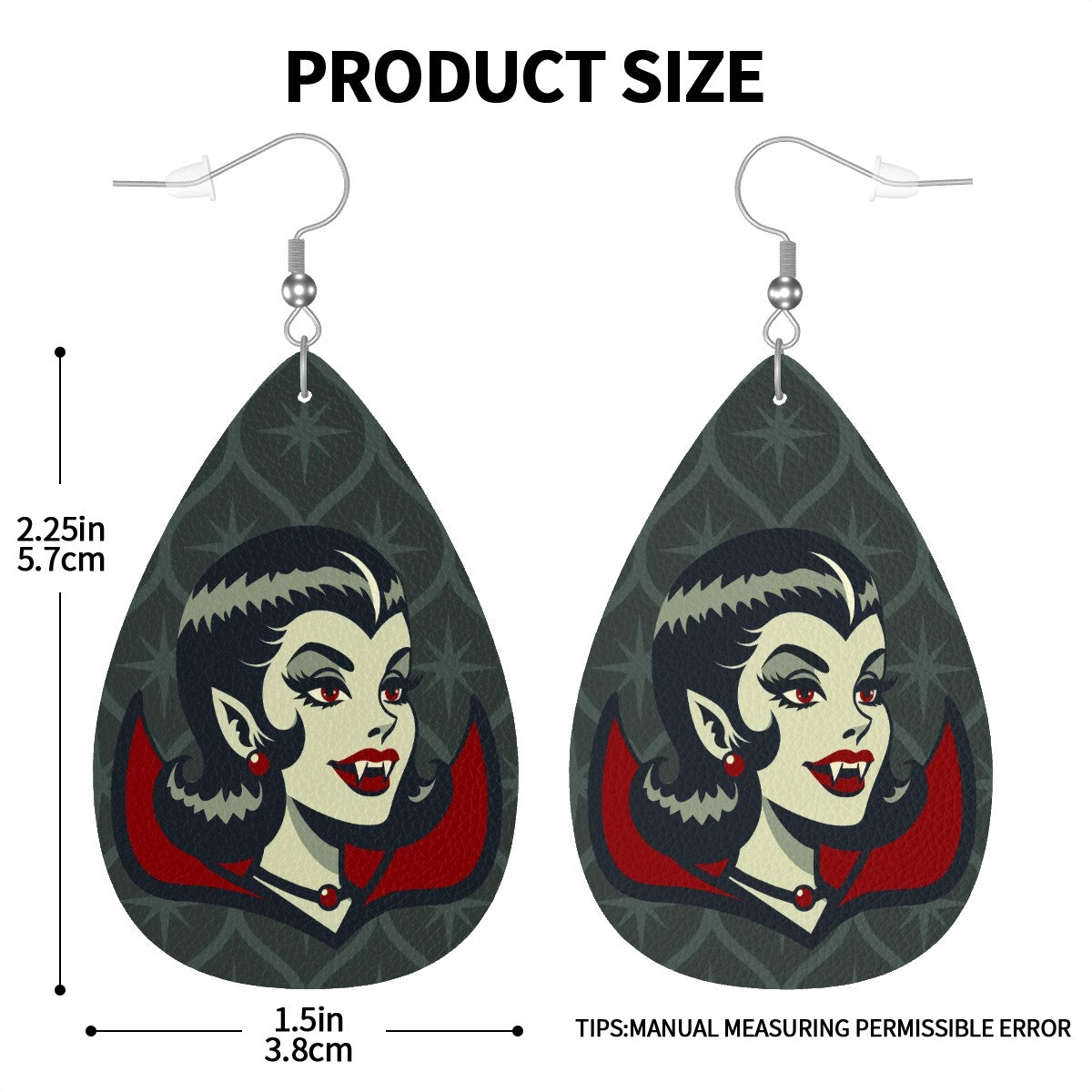 Vampire Dracula Girl Halloween Goth Horror Buff MCM Green Vegan Leather Teardrop Earrings - Mid Century Modern Gal