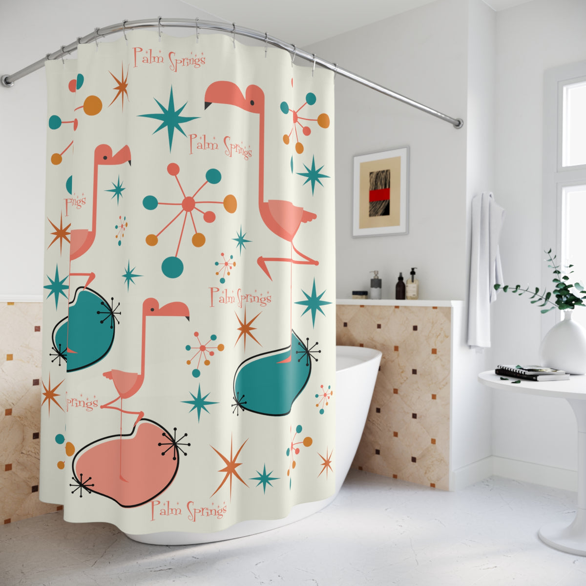 Palm Springs California, 50s Flamingo, Starburst Mid Century Modern Shower Curtain - Mid Century Modern Gal