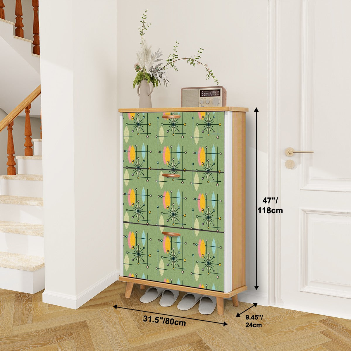 Mid Century Modern Green Yellow Atomic 50s Shoe Cabinet Storage Drawers - Mid Century Modern Gal