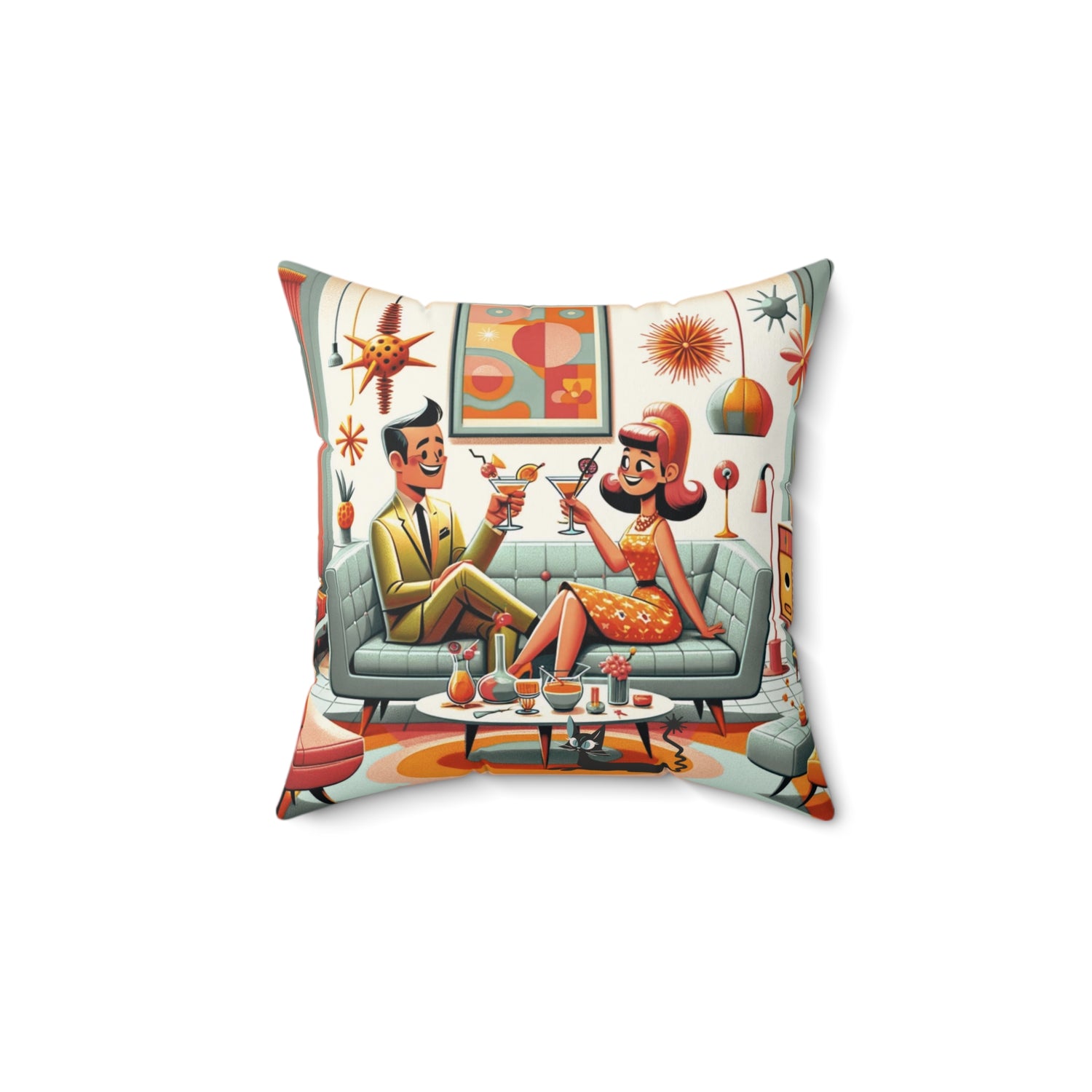 Mid Century Modern Coctail Kitschy 50d Pillow And Insert, With MCM Couple, Atomic Cat Pillow - Mid Century Modern Gal
