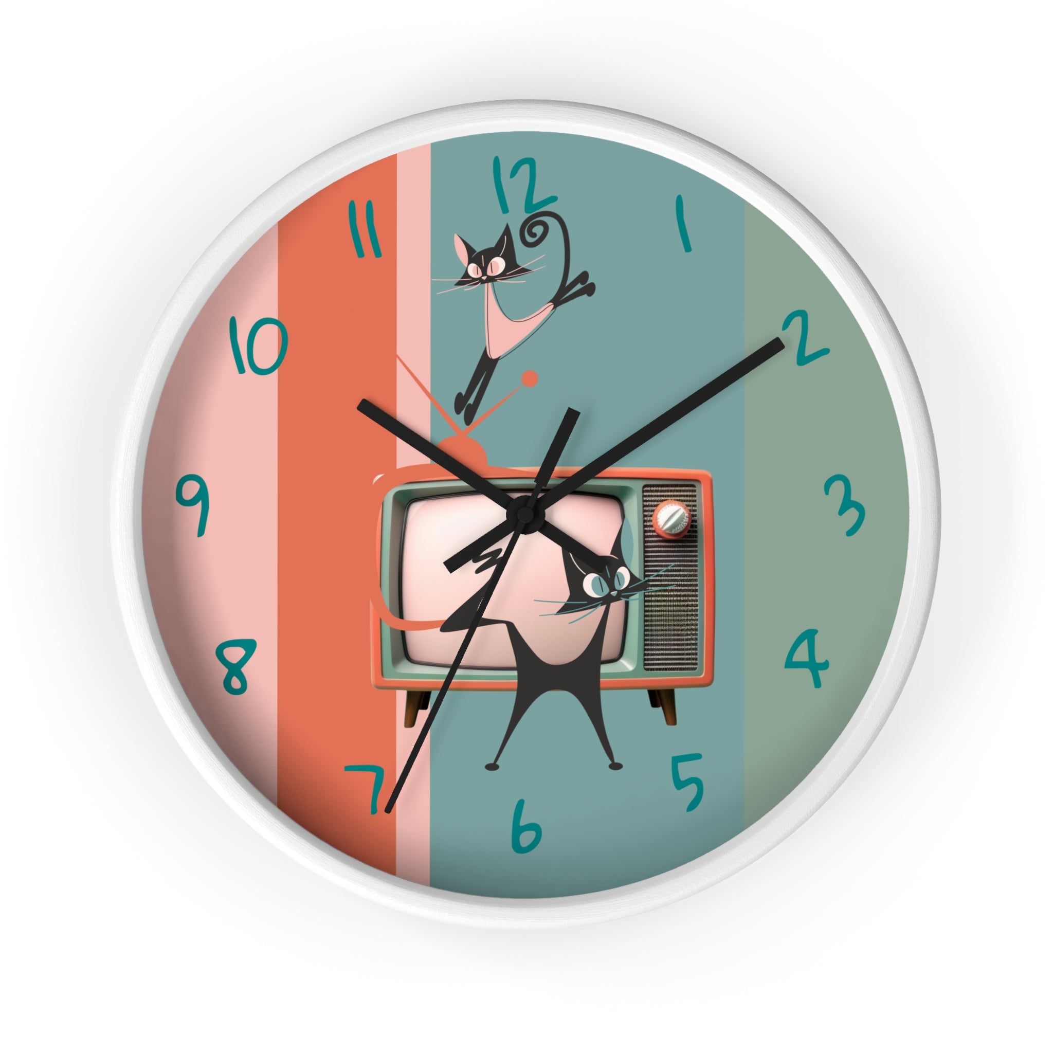 Atomic Cat Wall Clock, Mid Century Modern TV, Kitschy Black Cats, Whimsical Retro Cat Mom Gift For Bedroom, Livingroom, Kitchen - Mid Century Modern Gal