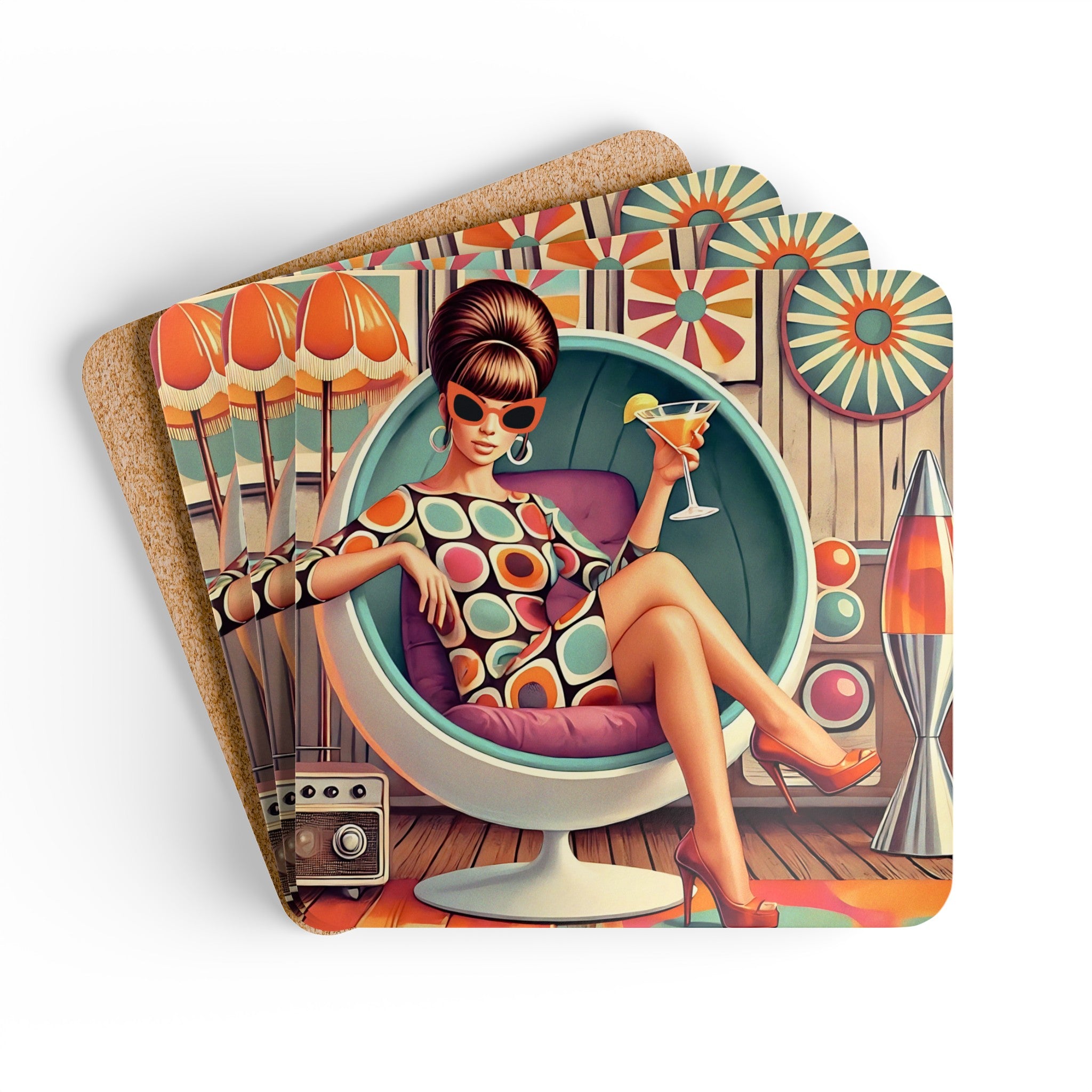 Mid Century Mod 60s Style Retro Gal MCM Barware Corkwood Coaster Set - Mid Century Modern Gal