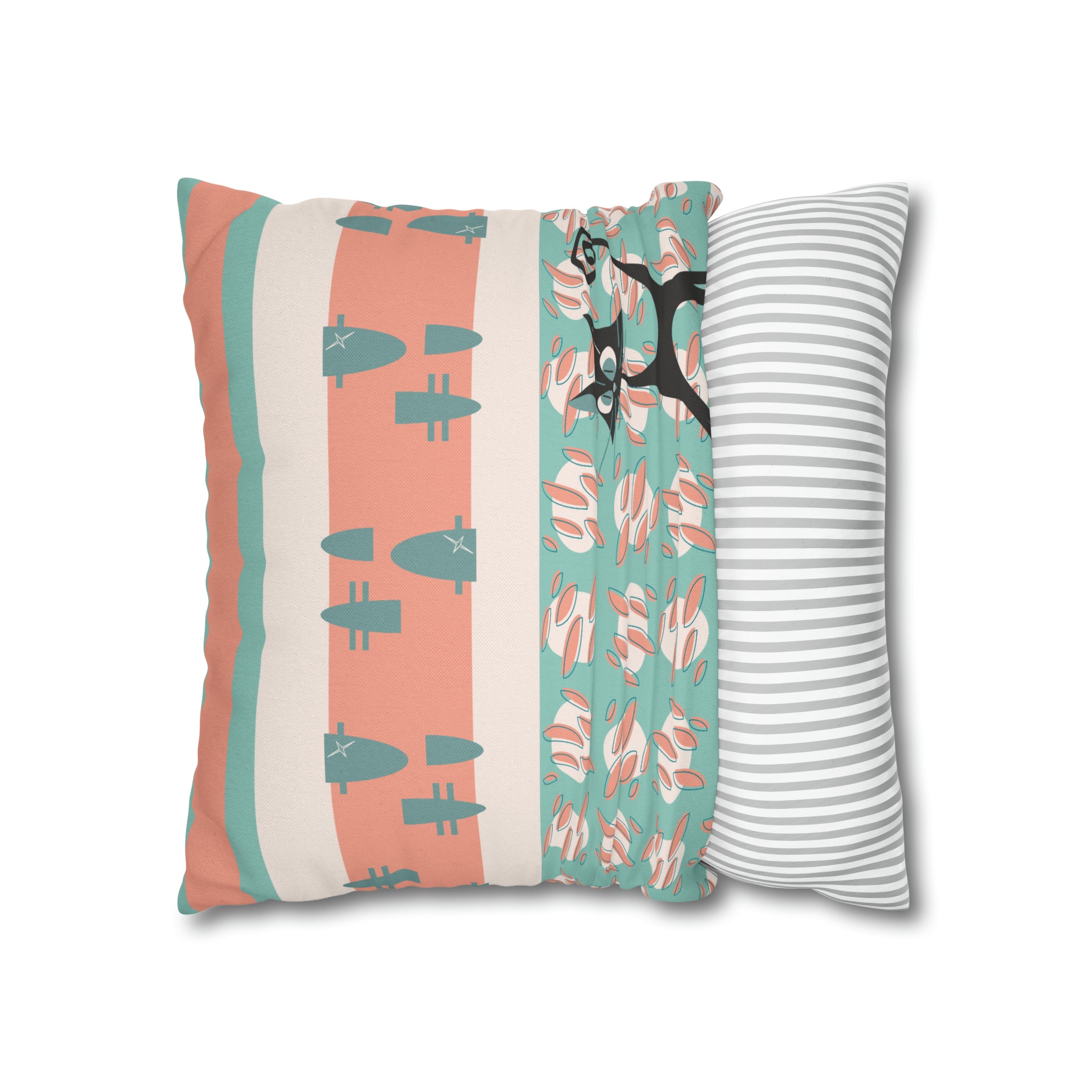 50s Nostalgic Atomic Cat Mid Century Modern Aqua, Coral Pink Peach, Kitschy Mid Century Modern Pillow Cover ONLY - Mid Century Modern Gal