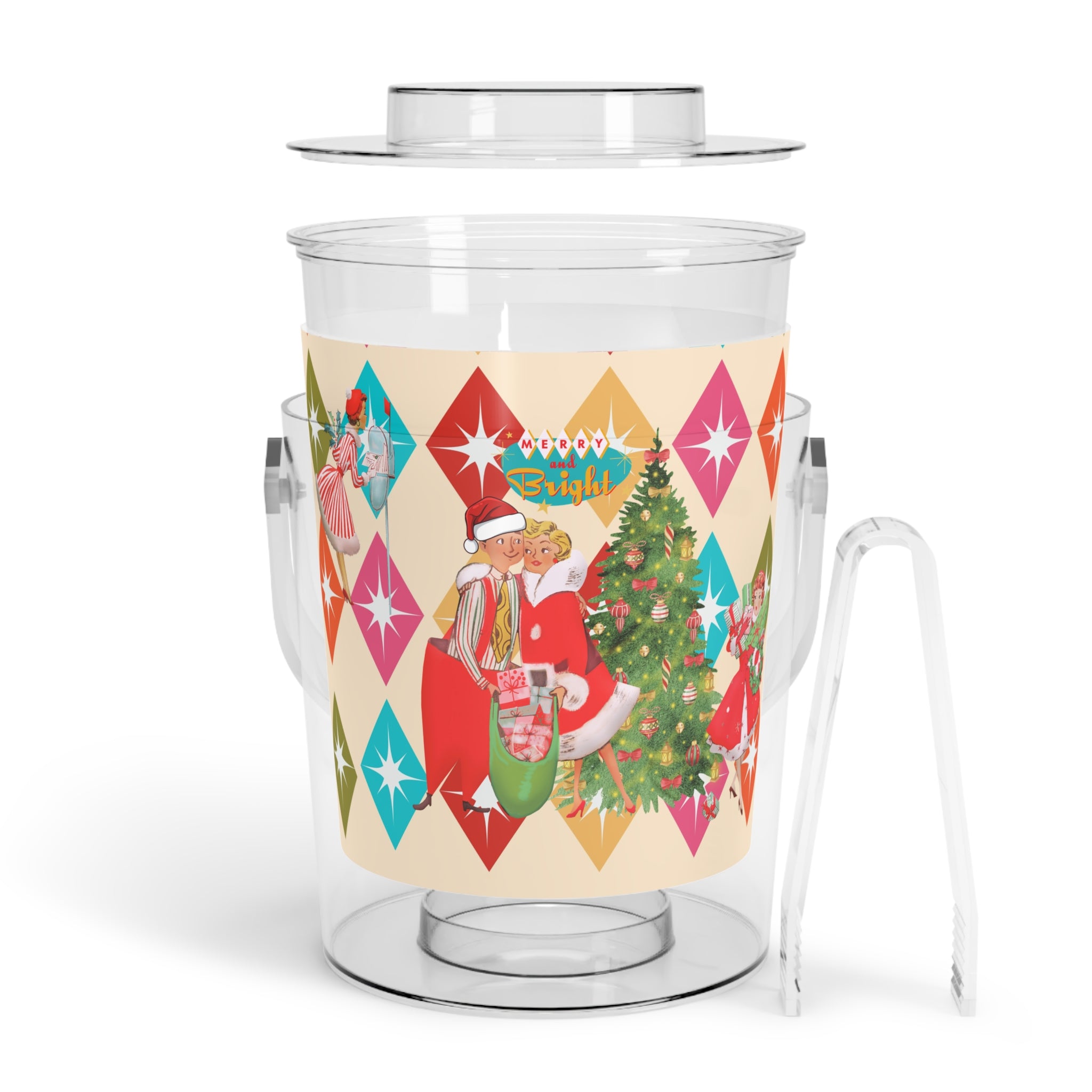 Vintage Holiday Ice Bucket with Tongs, Retro Christmas Barware, Festive Drink Chiller, Holiday Party Essential, Gift for Hosts - Mid Century Modern Gal
