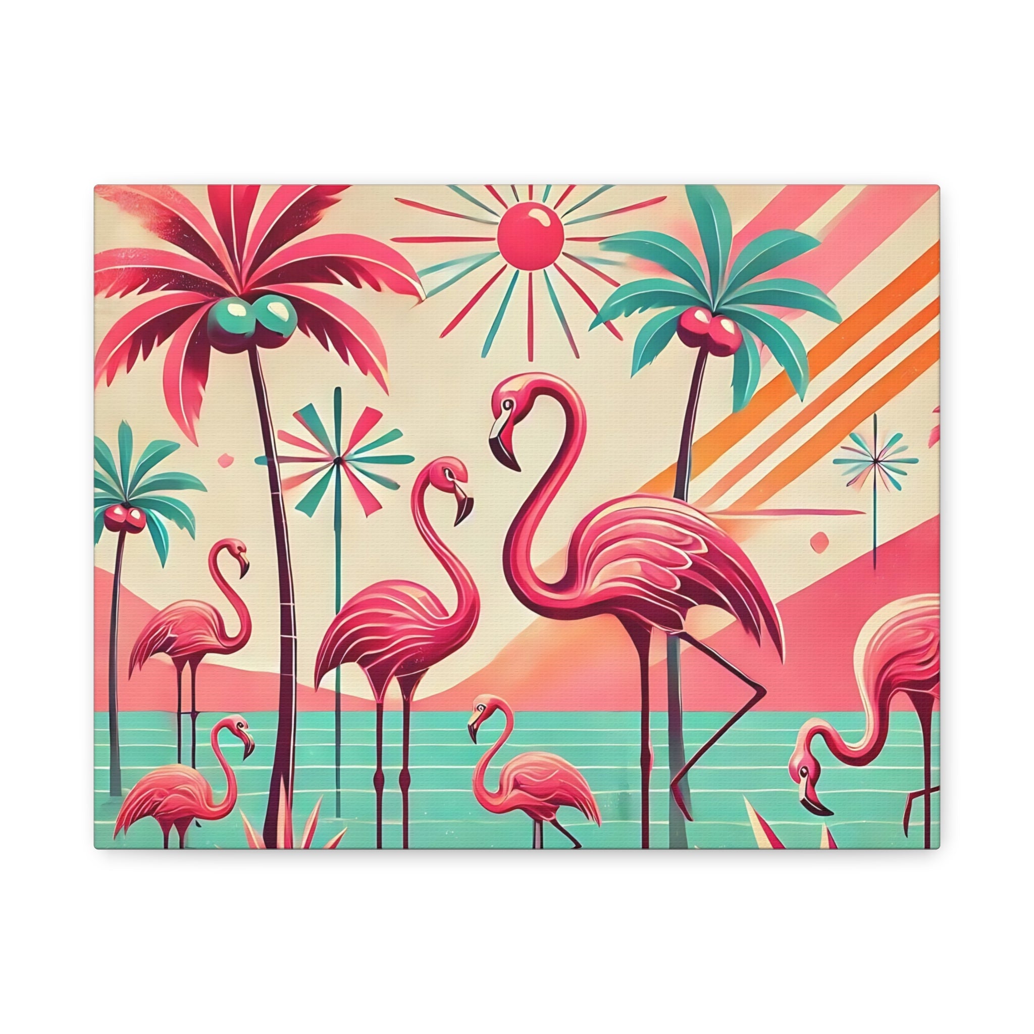 1950s Mid Century Modern Flamingo Art, Kitschy Pink, Teal, MCM Matte Canvas - Mid Century Modern Gal