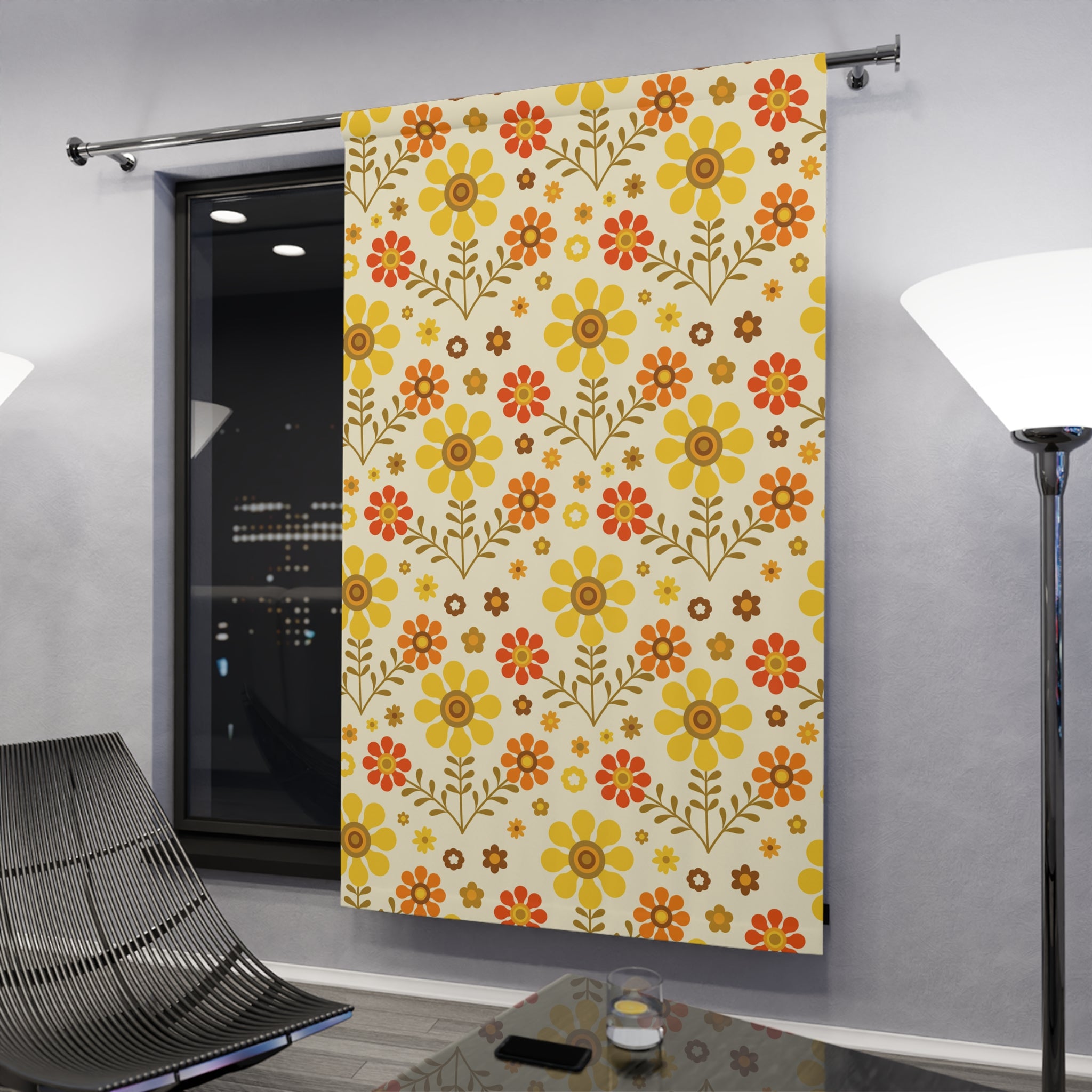 Flower Power Golden Yellow, Orange Mod Daisy 70s Retro Window Curtains (1 Piece) - Mid Century Modern Gal