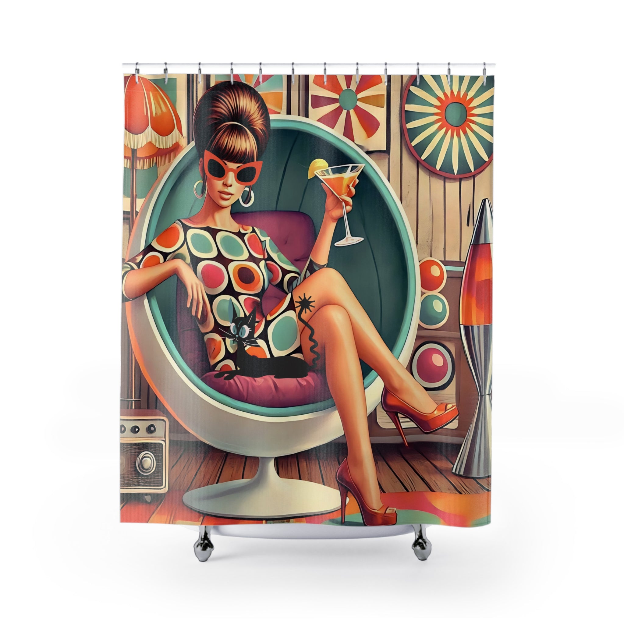 60s Mid Mod Gal, Martini Lover, Atomic Cat Kitschy Retro Glam Shower Curtain with Chic Retro Design - Mid Century Modern Gal